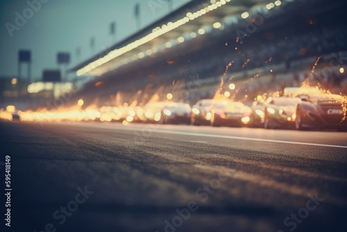 Blurry spotlights over race track finish line. Generative AI © Christopher