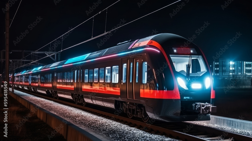 Fototapeta premium A high tech modern train at night. Generative AI.