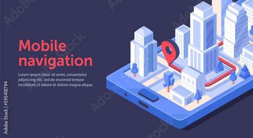 Mobile navigation concept. Smartphone with buildings and marker. Route and address. Navigation and geolocation. GPS service, software and mobile program. Cartoon isometric vector illustration