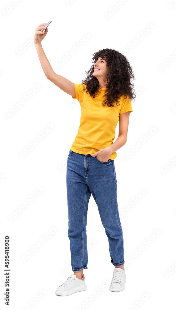 Beautiful young woman taking selfie on white background Beautiful young woman taking selfie on white background