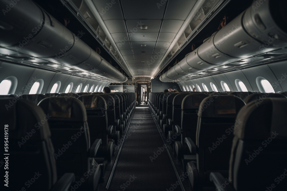 Fototapeta premium interior of an airplane aisle with generative AI technology