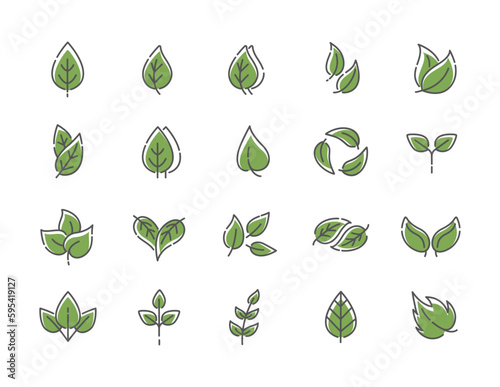 Leaves icons set. Collection of graphic elements for website. Natural and organic products. Ecology and nature, environment care. Cartoon flat vector illustrations isolated on white background