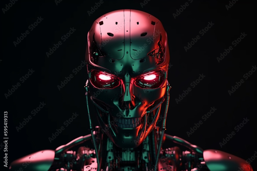Fototapeta premium humanoid android robot with artificial intelligence, evil bad eyes, metallic body. Generative AI