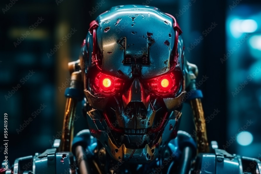 humanoid android robot with artificial intelligence, evil bad eyes, metallic body. Generative AI