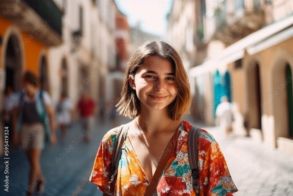 young adult woman or teenager in an old town down a narrow side street with local people in the background. Generative AI young adult woman or teenager in an old town down a narrow side street with local people in the background. Generative AI