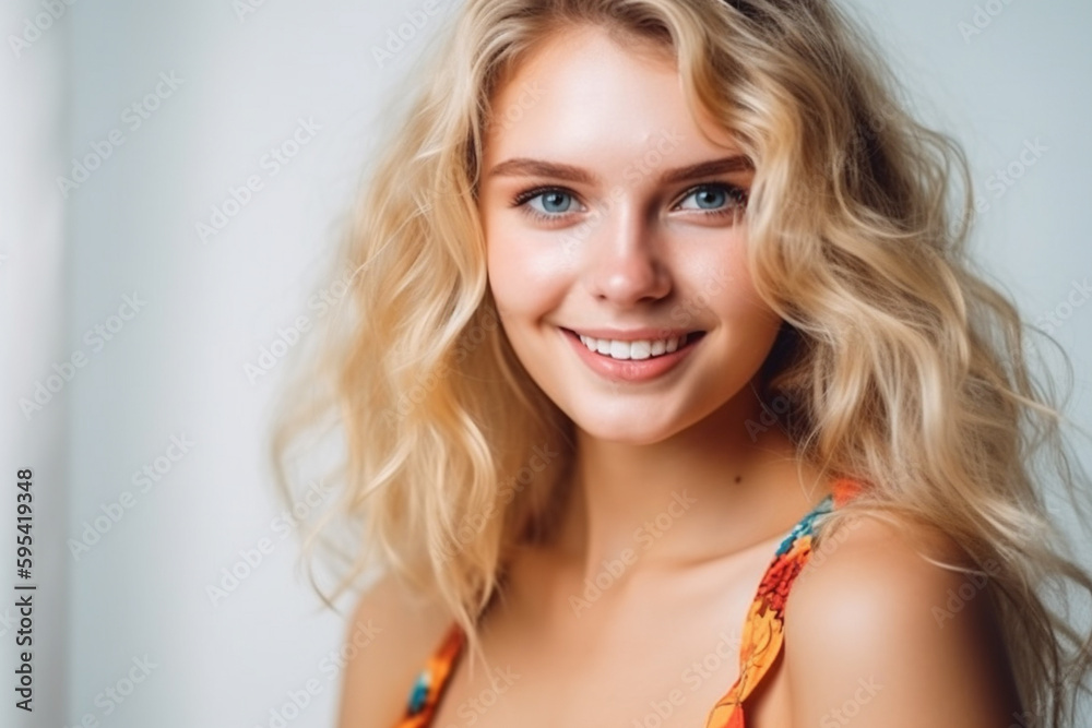 young adult woman, blonde, happy smile, front-view, face close-up. Generative AI young adult woman, blonde, happy smile, front-view, face close-up. Generative AI
