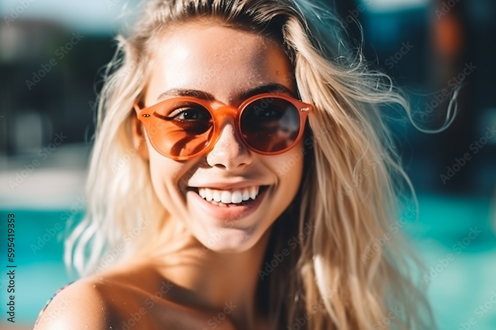 young adult woman with blond hair and magical joyful smile at a hotel swimming pool with bright weather, fictional location. Generative AI