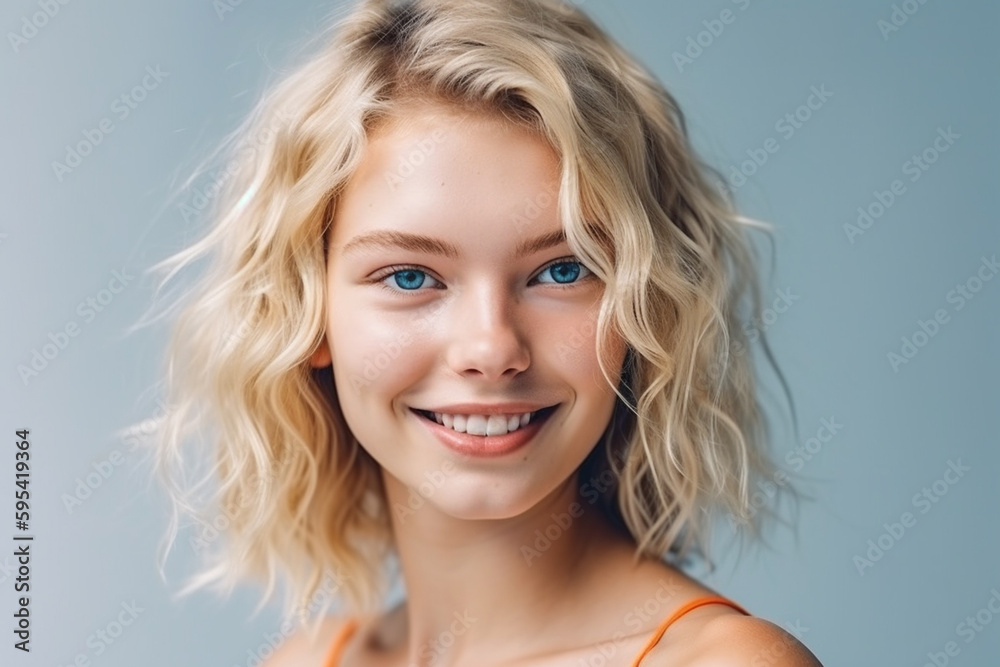 young girl, teenager with blonde hair and tank top , magical happy smile. Generative AI young girl, teenager with blonde hair and tank top , magical happy smile. Generative AI