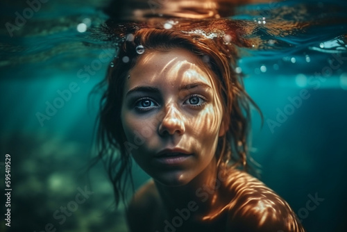 in the water, woman swimming in the water, floating under water. Generative AI