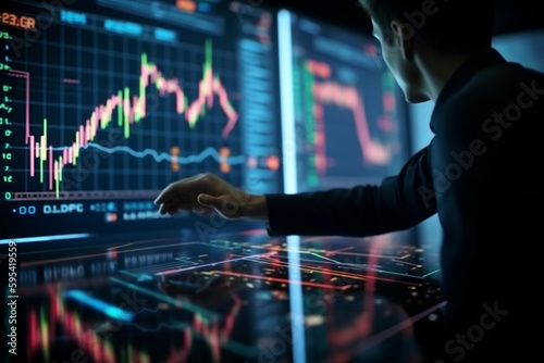 man on multiple screens, stock market trading. Generative AI