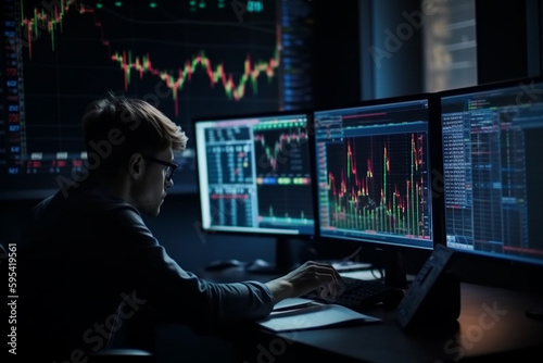 man on multiple screens, stock market trading. Generative AI