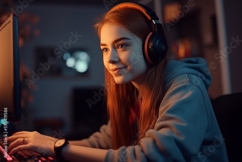 cheerful female gamer or streamer with headphones on computer screen with a smile. Generative AI