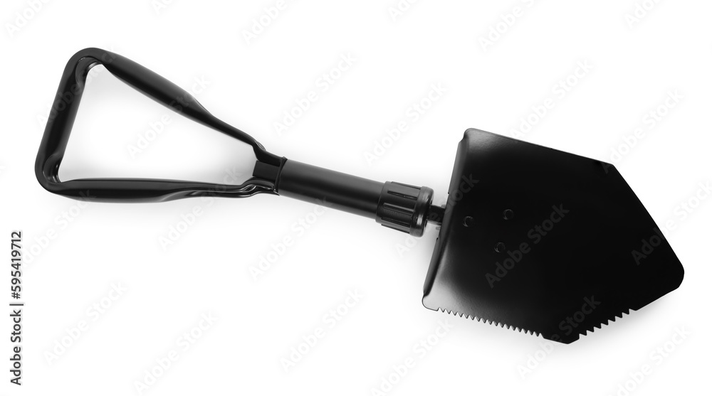 Foldable sapper shovel isolated on white, top view. Military training equipment Foldable sapper shovel isolated on white, top view. Military training equipment