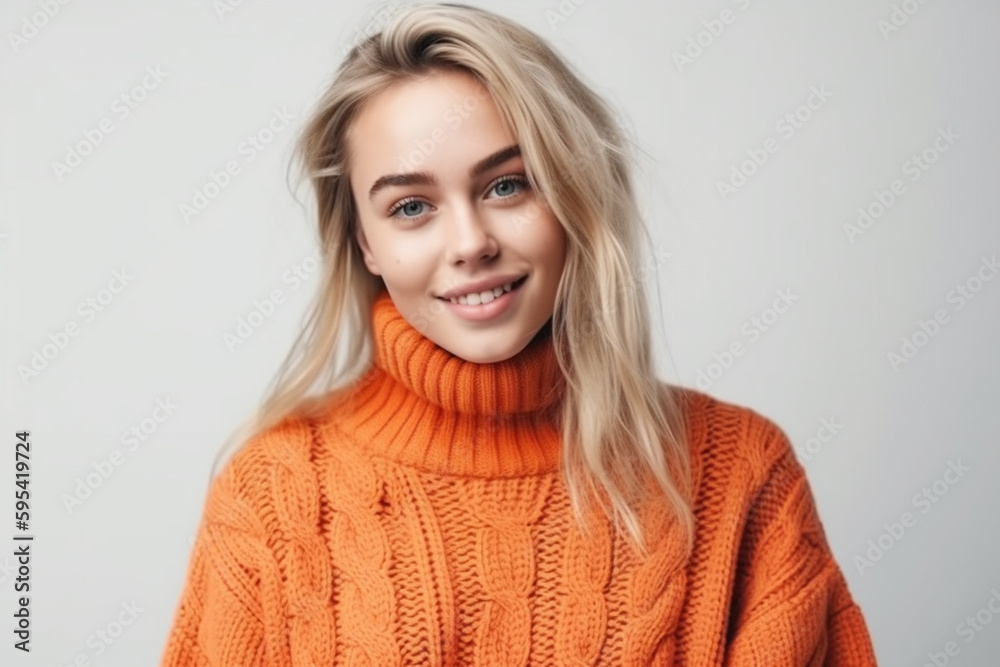 young beautiful woman on light background wears a sweater. Generative AI young beautiful woman on light background wears a sweater. Generative AI