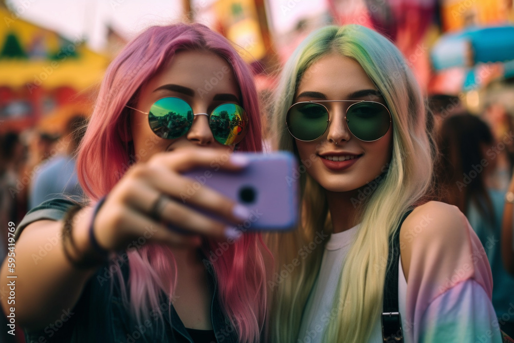 young adult woman or teenager at a festival, fictional festival. Generative AI