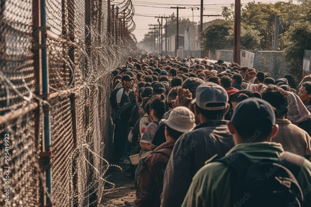 endless queue of people along a high border fence, immigration or escape, fictional place and destination of the queue. Generative AI