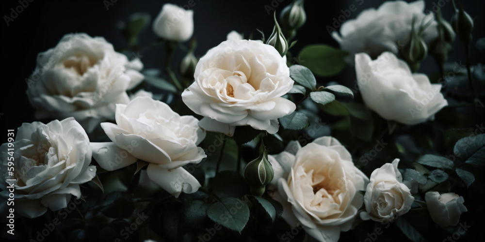 Weiße Rosen Blüten mit dunklen Hintergrund - mit KI erstellt
