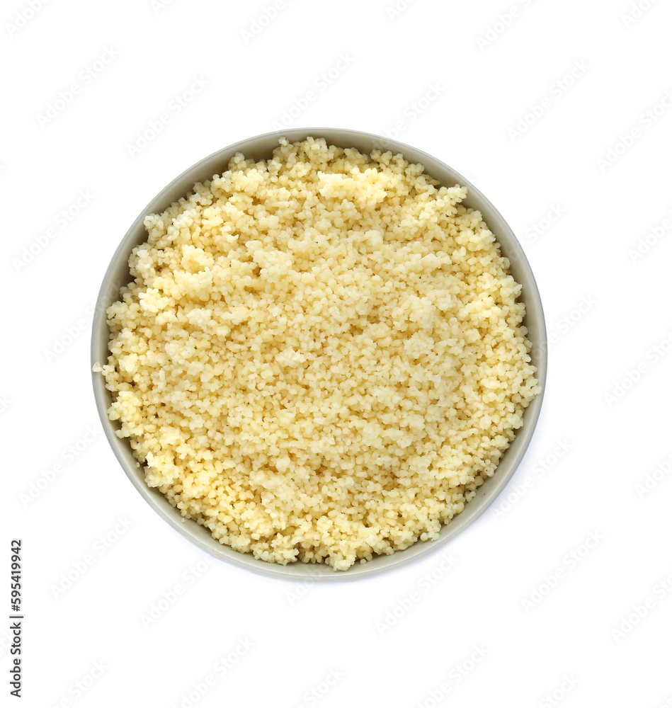 Bowl of tasty couscous on white background, top view Bowl of tasty couscous on white background, top view