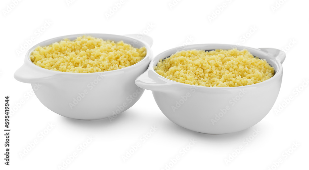 Bowls with tasty couscous on white background Bowls with tasty couscous on white background