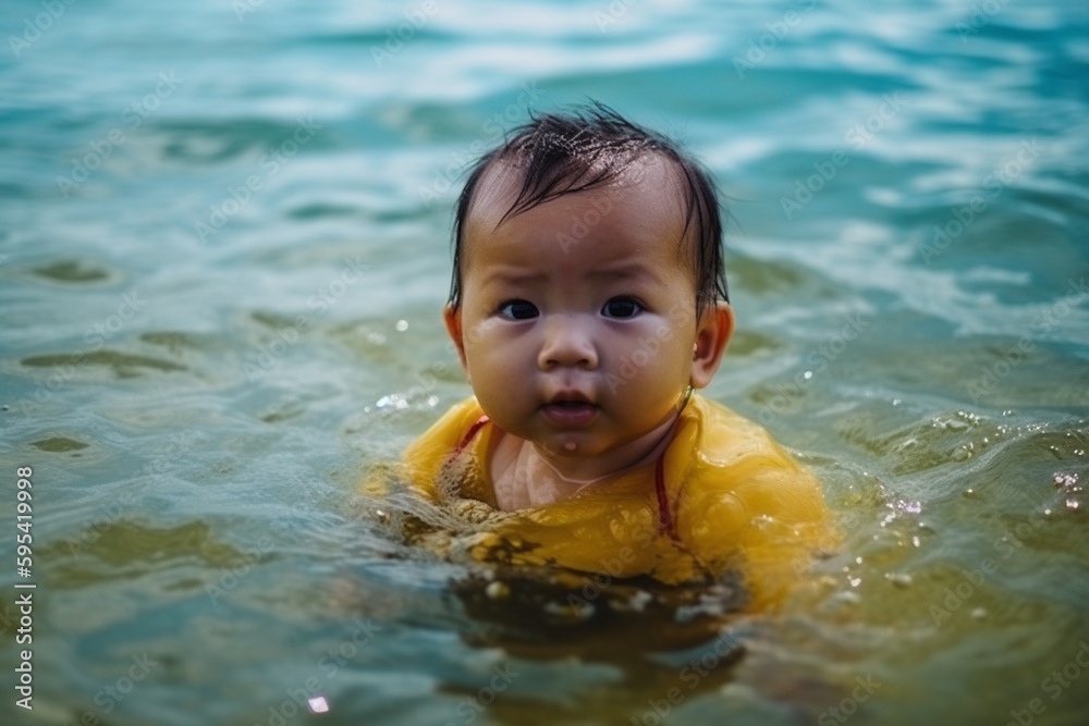new born baby floating in the sea. Generative AI new born baby floating in the sea. Generative AI