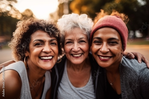 three old women, senior women having fun outdoor, multiracial multiethnic. Generative AI