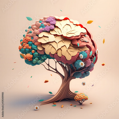 Human brain tree with flowers mental health, self care concept, positive thinking, creative mind, ADHD, schizophrenia, depression, Anxiety, panic attacks, Voices in my head. Generative AI photo