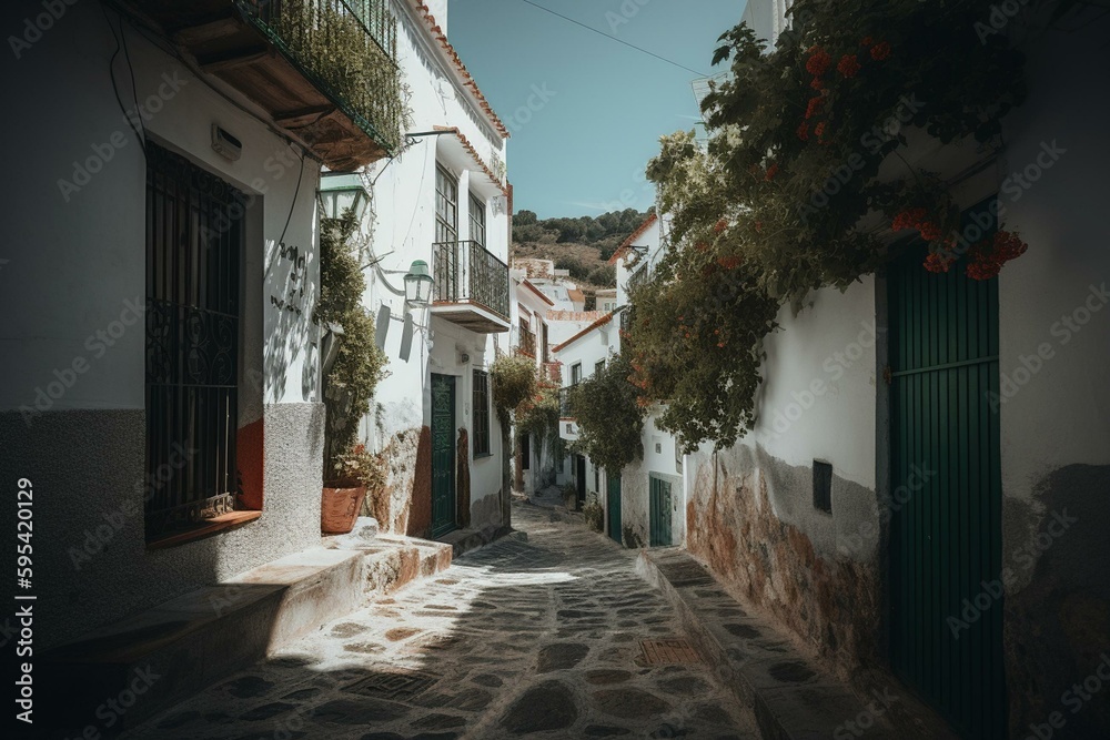 A deserted alleyway in a typical Spanish town called Frigiliana. Generative AI