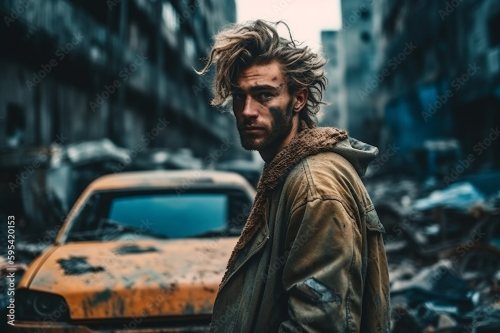 fictional apocalypse or war zone, wrecked cars and destroyed abandoned buildings in a big city. Generative AI fictional apocalypse or war zone, wrecked cars and destroyed abandoned buildings in a big city. Generative AI