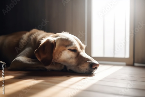 Domestic dog sleeping in the ray of sunlight. Generative AI