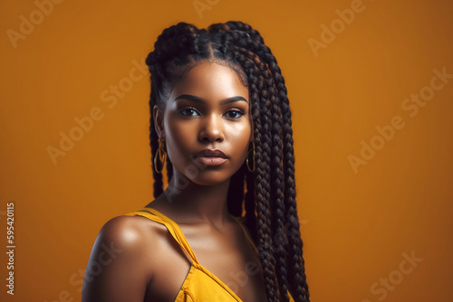 Pretty young afro-american woman with colorful braids on yellow. Generative AI photo