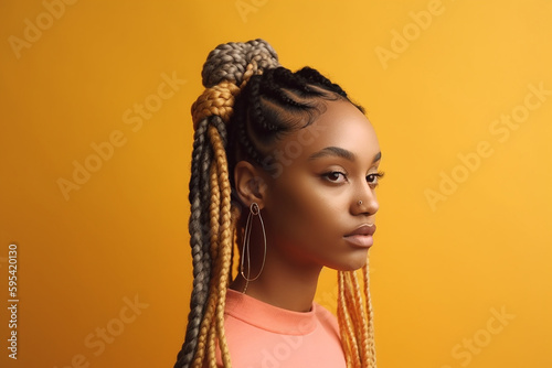 Pretty young afro-american woman with colorful braids on the light yellow background. Generative AI