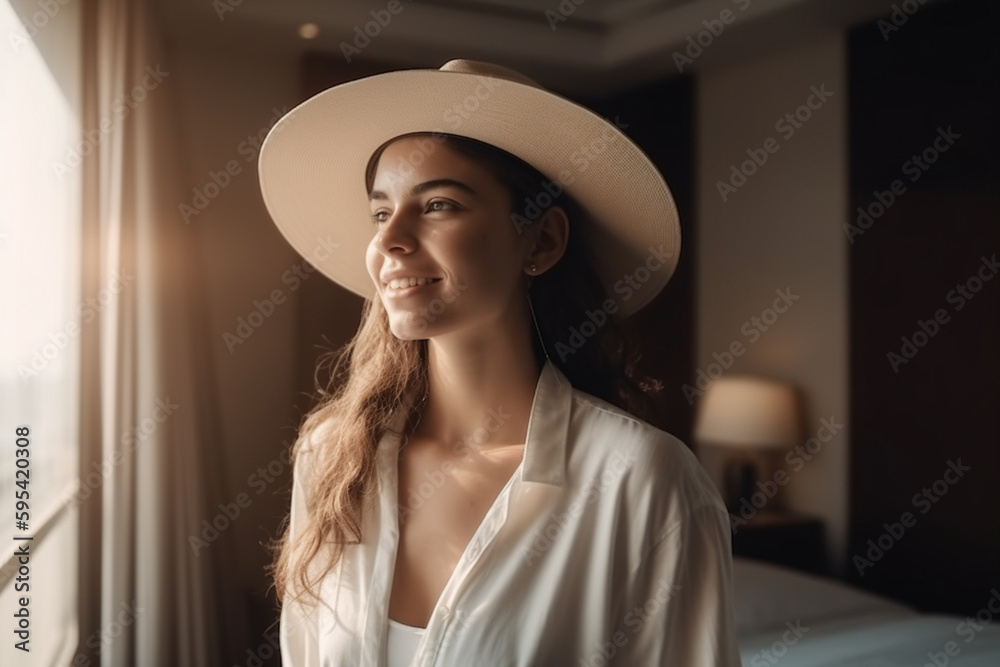 happy young woman in hotel room by window on vacation or business trip. Generative AI