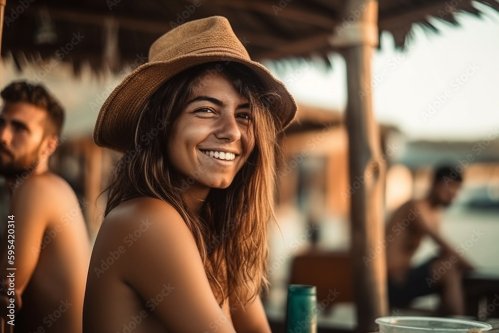 smiling young woman in bikini on the beach, tourism, tourists on sandy beach on vacation, fictional place. Generative AI