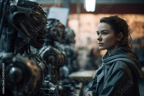 young adult woman next to humanoid android robots with artificial intelligence. Generative AI