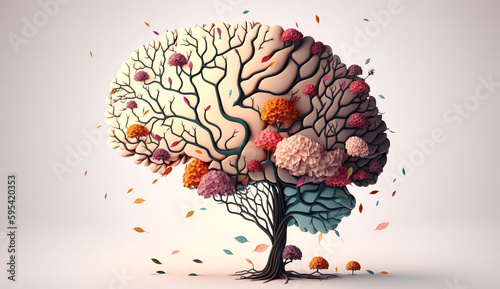 Human brain tree with flowers mental health, self care concept, positive thinking, creative mind, ADHD, schizophrenia, depression, Anxiety, panic attacks, Voices in my head. Generative AI