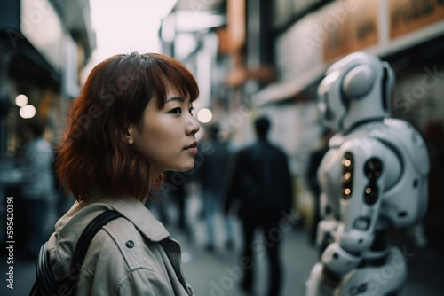 young adult woman in a city, life with robots, humanoid android robots with artificial intelligence. Generative AI