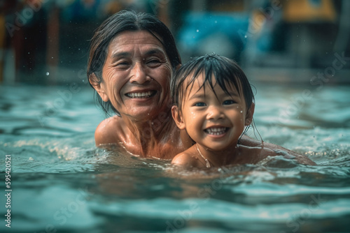 mother and child in the water, swimming in the sea on vacation or at the place of residence, splashing in the water on the water surface. Generative AI