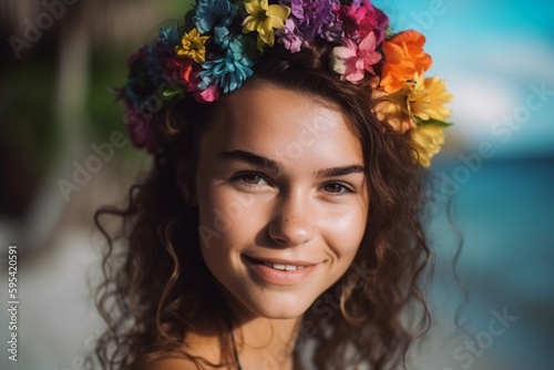young woman or teenage girl, portrait closeup with flower headdress. Generative AI