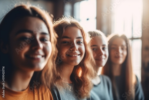 young girls teenagers standing side by side, friends or group, fictional location. Generative AI © wetzkaz