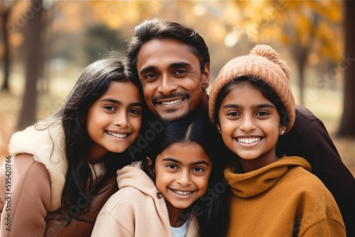 young family, father with three daughters outside in autumn clothes. Generative AI
