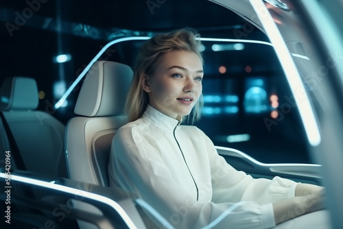 young adult woman in a modern fictional vehicle, car of the future with artificial intelligence, autonomous driving with driving assistant. Generative AI photo