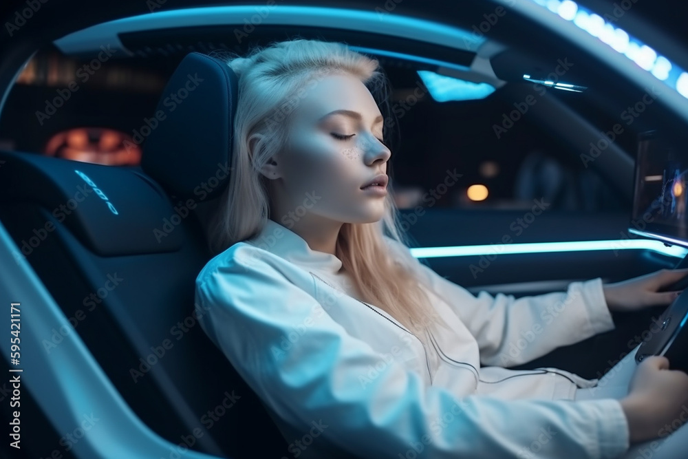 sleeping young adult woman in a modern fictional vehicle, car of the future with artificial intelligence, autonomous driving with driving assistant. Generative AI