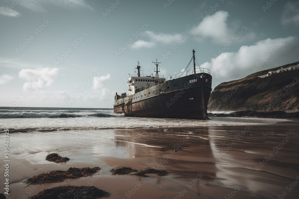 A stranded commercial vessel on Sheffield Beach. Generative AI