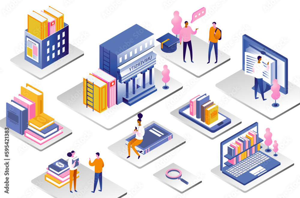 University campus set. Students among bookshelves. Education, learning and training. Men and women near big books and tablets. Cartoon isometric vector illustrations isolated on white background