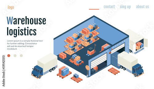 Warehouse logistics concept. Room with boxes next to truck. Online shopping and transportation of goods, import and export. Landing page design. Cartoon isometric vector illustration