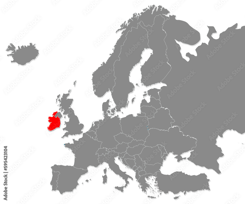 Map of Ireland highligted with red in Europe map