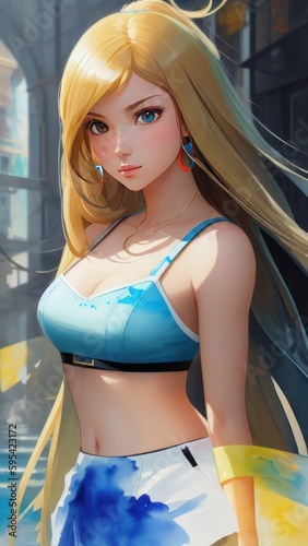 Beautiful Japanese anime cosplay girl in a blue bikinigenerative ai