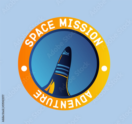 Space mission label. Rocket and spaceship silhouette. Scientific travel and colonization, expeditions and adventures. Sci fi and futuristic. Cartoon flat vector illustration