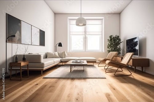 Modern and simple living room interior with white walls and wooden flooring. Generative AI © Isabela