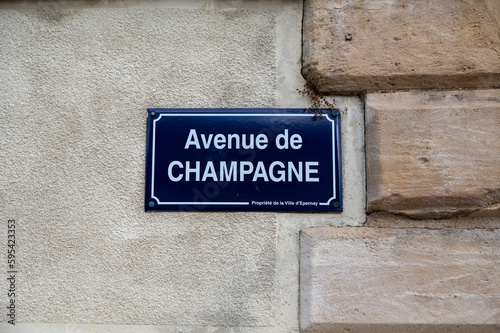 Low season in winter in Champagne sparkling wine making region near Epernay, Champagne, France. Road signes and towns of destinations, Avenue of Cnampagne